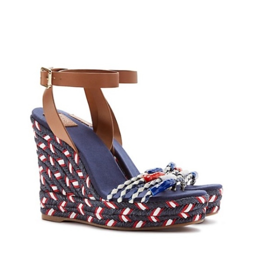 TORY BURCH BRAIDED LEATHER WEDGE IVORY-TORY NAVY/TORY NAVY WEDGE